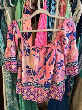 Lilly Pulitzer Pink Navy Orange Floral Off-Shoulder Blouse